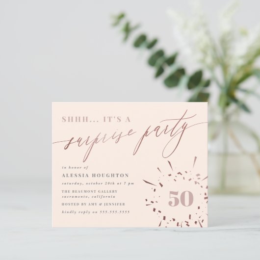 Budget Blush & Roos Gold Script Surprise Party (Staand voorkant)