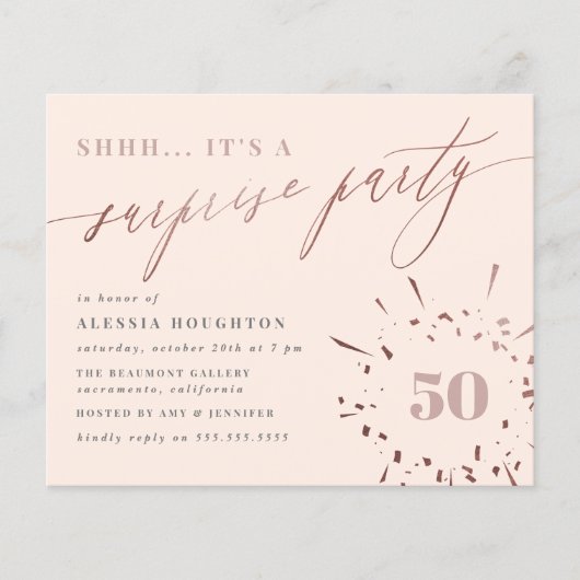 Budget Blush & Roos Gold Script Surprise Party (Voorkant)