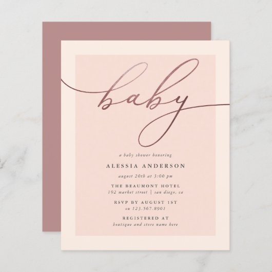 Budget Blush Roos Gold Typography Girl Baby shower (Voorkant / Achterkant)