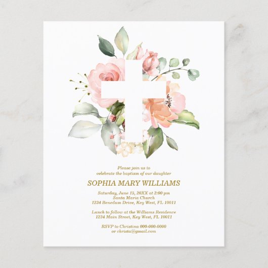 Budget Blush Roos & White Cross-Baptism Uitnodigin (Voorkant)