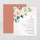 Budget Blush Roze Bloem Doop Uitnodiging (Voorkant / Achterkant)
