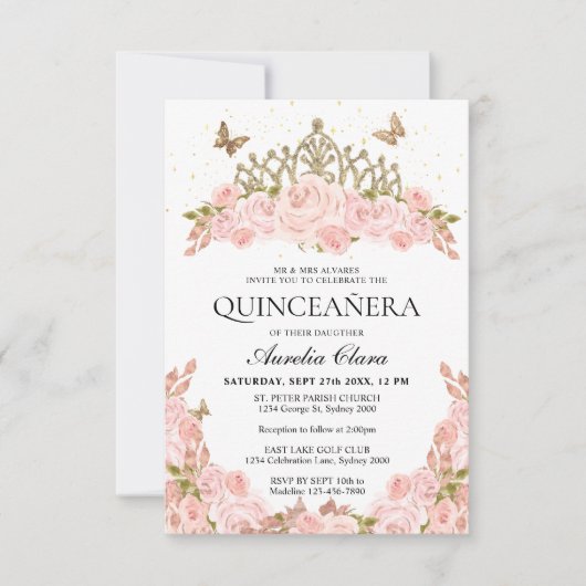 BUDGET Blush Roze Bloemen Goud Tiara Quinceanera Notitiekaartje (Voorkant)