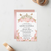 BUDGET Blush Roze Bloemen Goud Tiara Quinceanera Notitiekaartje (Voorkant / Achterkant in situ)