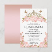 BUDGET Blush Roze Bloemen Goud Tiara Quinceanera Notitiekaartje (Voorkant / Achterkant)