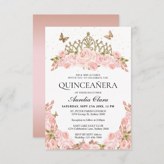 BUDGET Blush Roze Bloemen Goud Tiara Quinceanera Notitiekaartje (Voorkant / Achterkant)