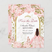 Budget Blush Roze Bloemen Quinceanera Save the Dat (Voorkant / Achterkant)