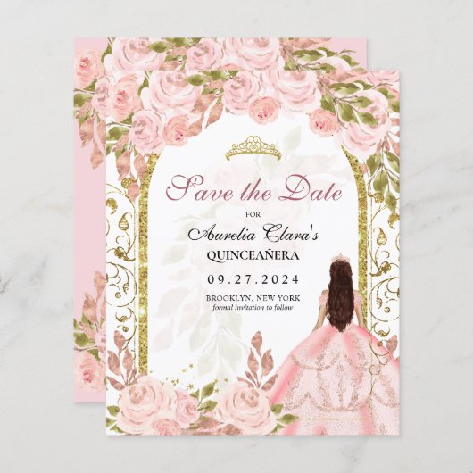 Budget Blush Roze Bloemen Quinceanera Save the Dat (Voorkant / Achterkant)