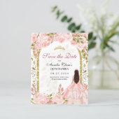 Budget Blush Roze Bloemen Quinceanera Save the Dat (Staand voorkant)