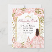 Budget Blush Roze Bloemen Quinceanera Save the Dat (Voorkant)