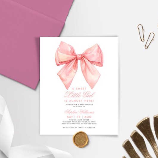 Budget Blush Roze Bow Baby shower Invitation