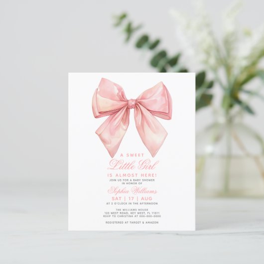 Budget Blush Roze Bow Baby shower Invitation (Staand voorkant)