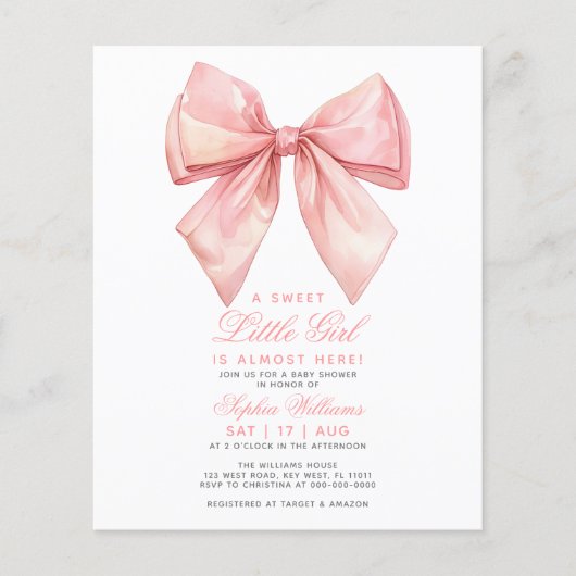 Budget Blush Roze Bow Baby shower Invitation (Voorkant)