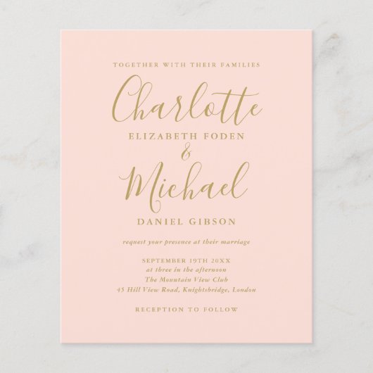 Budget Blush Roze en Goud Foto Bruiloft Uitnodigen (Voorkant)