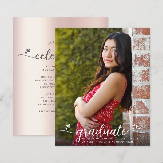 Budget Blush Roze Foto Afstudeer Script Uitnodigin (Voorkant / Achterkant)