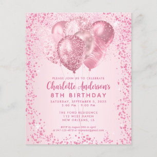 Budget Blush Roze Glitter Ballon Kids Verjaardag Flyer
