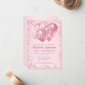 Budget Blush Roze Glitter Ballon Kids Verjaardag Notitiekaartje (Voorkant / Achterkant in situ)