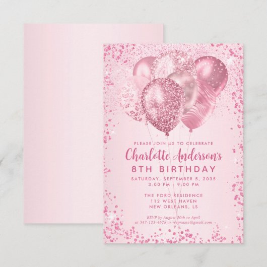 Budget Blush Roze Glitter Ballon Kids Verjaardag Notitiekaartje (Voorkant / Achterkant)