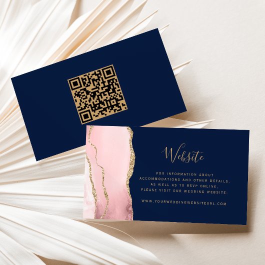 Budget Blush Roze Goud Agaat Navy Bruiloft QR Code Informatiekaartje