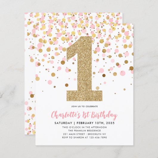 Budget Blush Roze Goud Confetti Meisje 1e Verjaard (Voorkant / Achterkant)