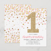 Budget Blush Roze Goud Confetti Meisje 1e Verjaard Notitiekaartje (Voorkant / Achterkant)