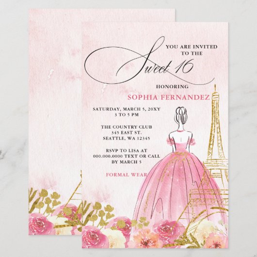 Budget Blush Roze Goud Eiffeltoren Paris Sweet 16 (Voorkant / Achterkant)