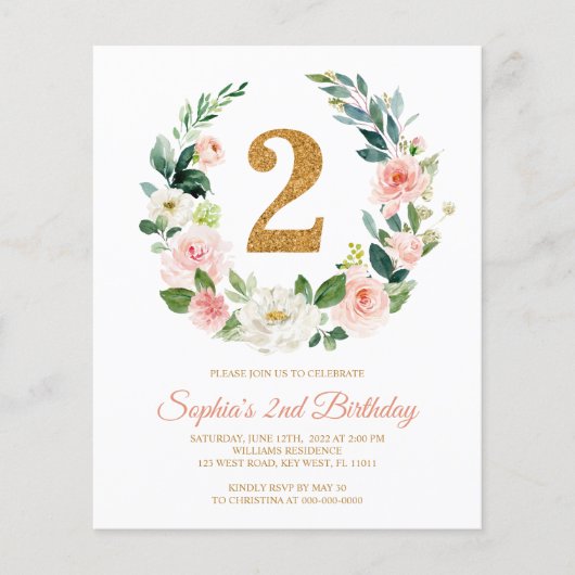 Budget Blush Roze Krans 2e Verjaardag Uitnodiging (Voorkant)