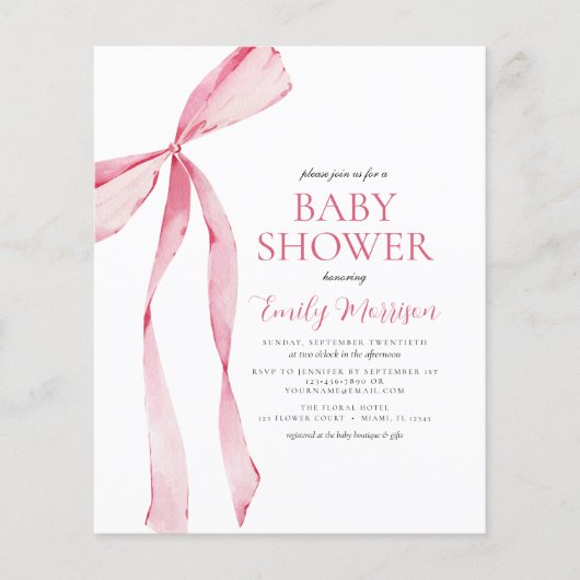 Budget Blush Roze Waterverf Bow Girl Baby shower Flyer (Voorkant)