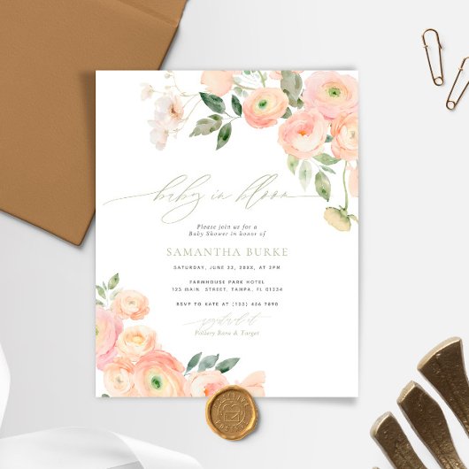 Budget Blush & Sage Baby in Bloom Shower Uitnodige
