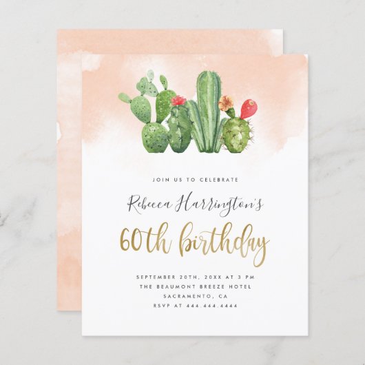 Budget Blush Waterverf & Cactus 60th Birthday (Voorkant / Achterkant)