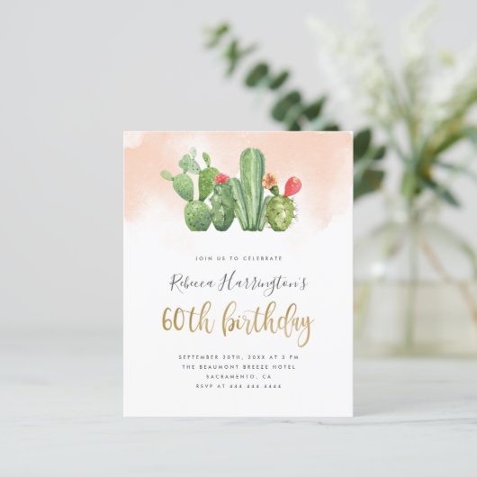 Budget Blush Waterverf & Cactus 60th Birthday (Staand voorkant)