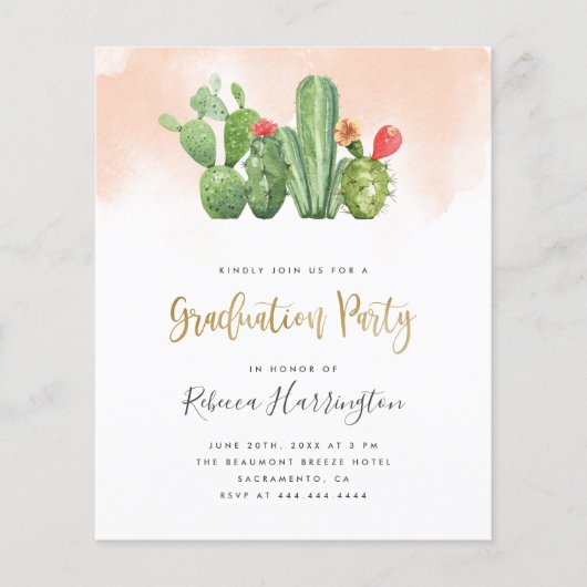 Budget Blush Waterverf & Cactus Graduation Party (Voorkant)