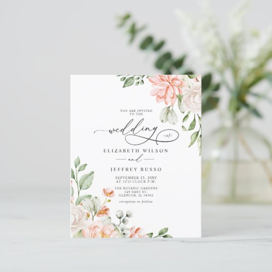 Budget Blush White Floral Wedding Invitations (Staand voorkant)
