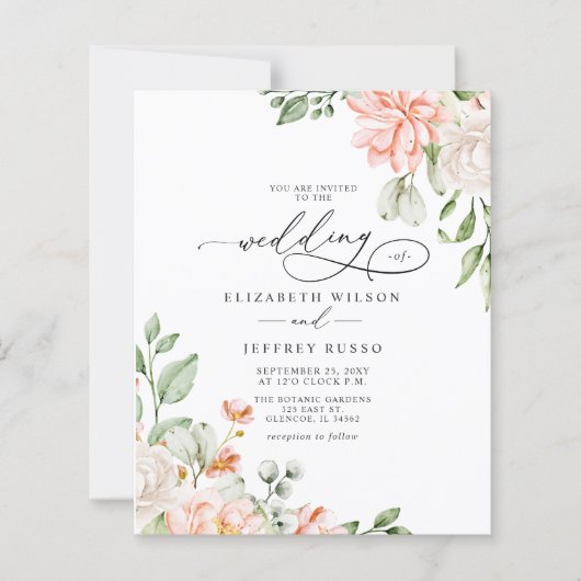 Budget Blush White Floral Wedding Invitations (Voorkant)