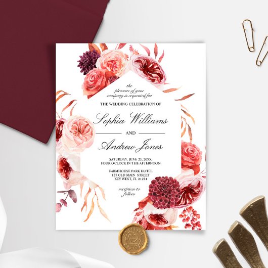 Budget Boheemien Marsala Roze Trouw Uitnodiging