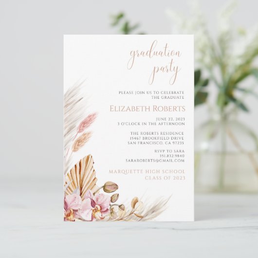 Budget Bohemian Floral Pampas Grass Afstuderen Kaart (Staand voorkant)