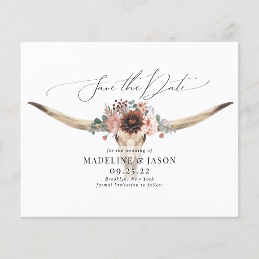 BUDGET Bohemian Floral Skull Bruiloft Save the Dat (Voorkant)