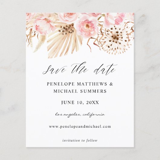 Budget Bohemian Pink Floral Save the Date Photo Flyer (Voorkant)
