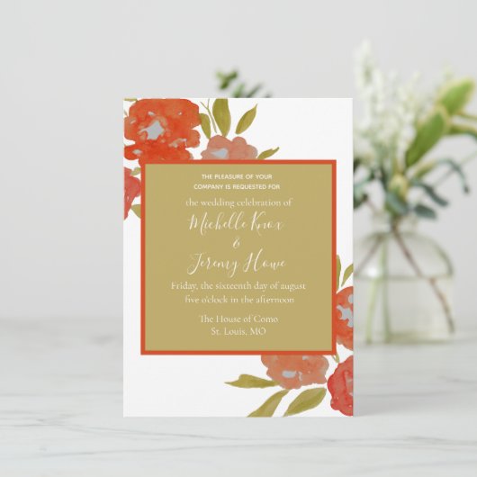Budget Bohemian Red Oranje Gold Floral Weddenschap Kaart (Staand voorkant)