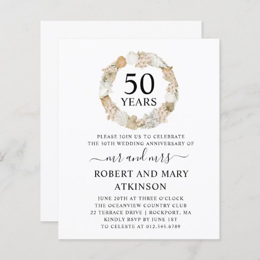 Budget Boho 50th Wedding Jubileum Party Invite (Voorkant / Achterkant)