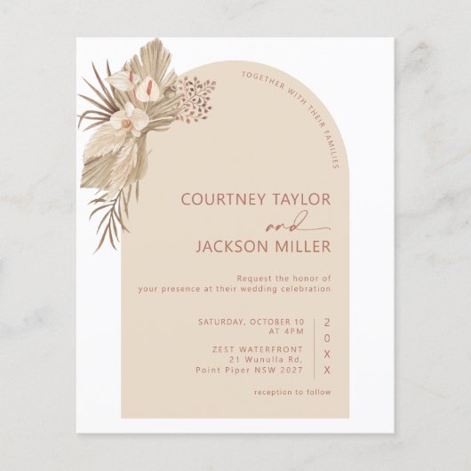 BUDGET Boho Arch Pampas Grass Wedding Uitnodiging Flyer (Voorkant)