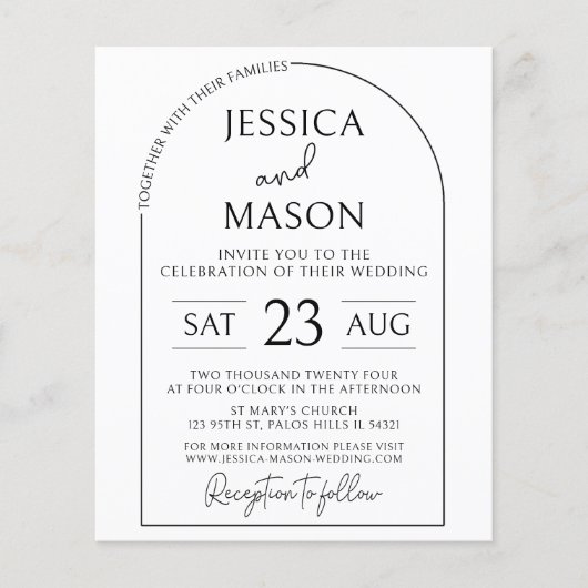 Budget boho arch zwart wit bruiloft uitnodigingen (Voorkant)