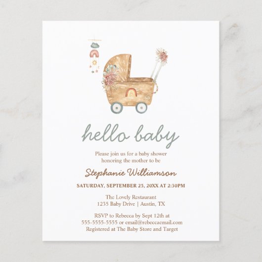 Budget Boho Baby Carriage Baby shower Invitation (Voorkant)