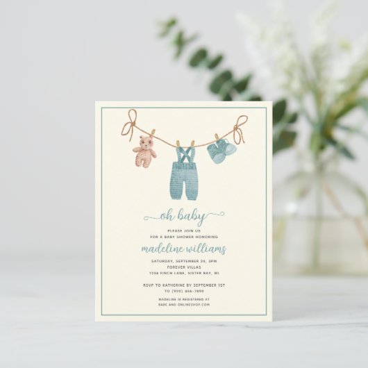 BUDGET BOHO Baby Clothes Boy Oh Baby shower nodigt (Staand voorkant)