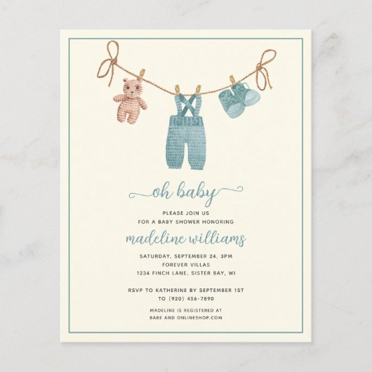 BUDGET BOHO Baby Clothes Boy Oh Baby shower nodigt (Voorkant)