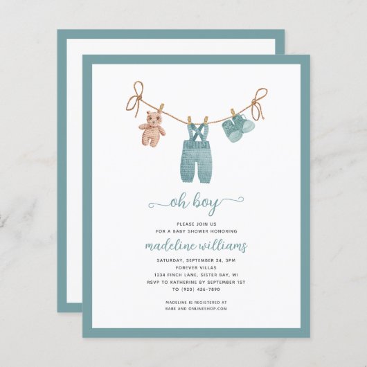 BUDGET BOHO Baby Kleding Oh Boy Baby shower Invite (Voorkant / Achterkant)