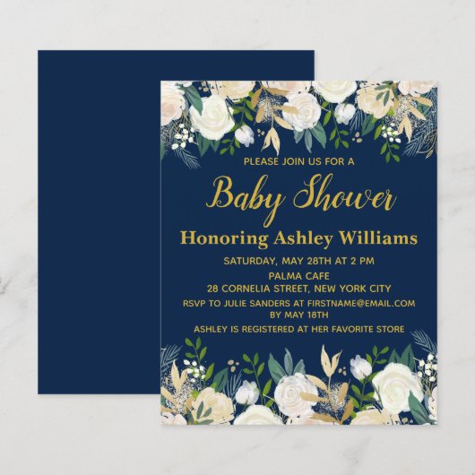 Budget Boho Baby shower Invitation Navy Gold Green (Voorkant / Achterkant)