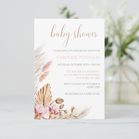 Budget Boho Baby shower Pampas Grass Floral Kaart (Staand voorkant)
