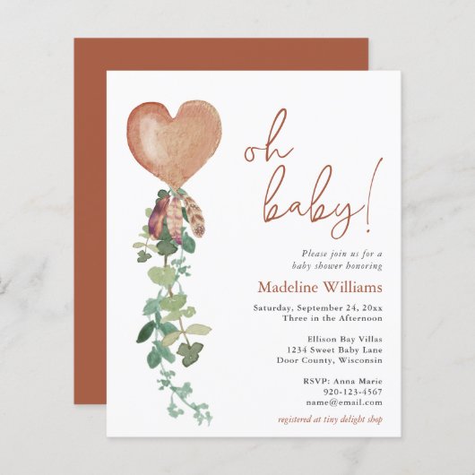 BUDGET Boho Balloon Greenery Baby shower Uitnodige (Voorkant / Achterkant)