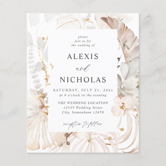 Budget Boho Beach Tropical beige Floral Wedding Flyer (Voorkant)