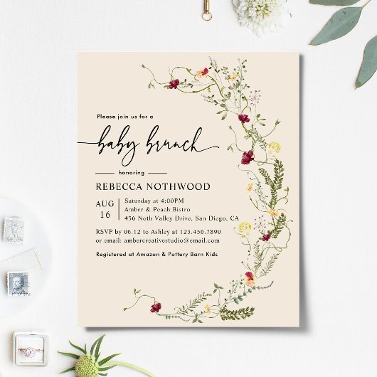 Budget Boho Beige Florals Baby Brunch Uitnodiging